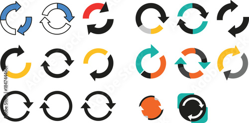 Cycle and refresh arrow icon set, colorful circular symbols, segmented rotation arrows, UI update elements for digital interface design