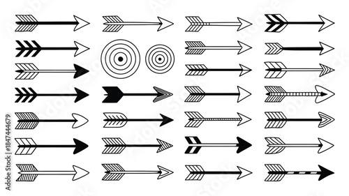 Large assortment of distinct hand drawn arrows and target illustrations in monochrome style