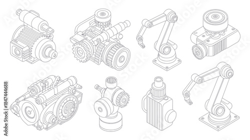 Isometric outline drawings of various industrial mechanical components presented on white
