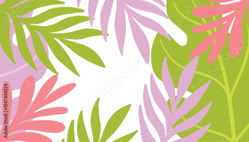 Autumn frame. Tropical leaves, foliage plant color with space background. Lettering poster with green and pink leafs. Monstera Leaves wallpaper. Palm leaf illustration. Exotic jungle plants. 