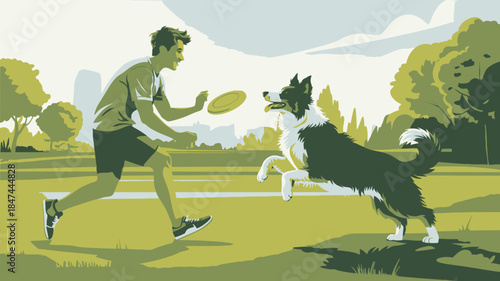 Man smiling and running with his energetic Border Collie dog enjoying a game of frisbee outdoors