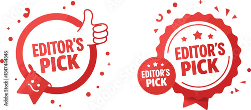Editor’s pick badge, thumbs-up icon, recommended label, red circular emblem, scalloped ribbon seal, smiling star graphic, featured content stamp
