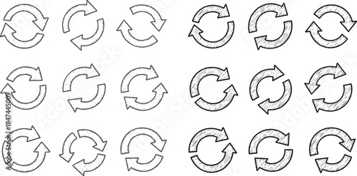 Hand-drawn circular refresh arrow icons set, sketch style reload symbols, UI update elements, black outline arrows for interface design