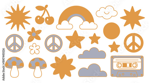 Monochromatic collection of retro 70s inspired symbols displays peace signs, sun shapes, clouds, and a cassette tape