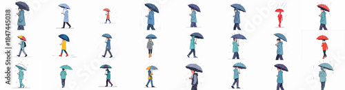 Diverse People Walking in the Rain with Umbrellas Vector Illustration Set.