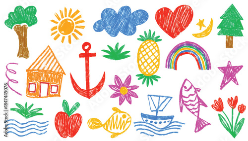 Children drawing images. Summer collection of little artists, high detail strokes with pen or crayon. Cute hand drawn kid doodle paintings. Elementary school level drawing. Vector illustration graphic