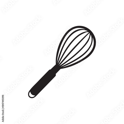 Simple black silhouette of a kitchen whisk with a solid handle and wire loops on a white background