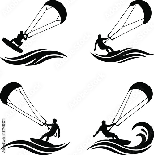 Silhouettes of kitesurfers in action