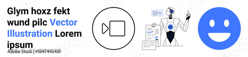 Artificial intelligence, video content, digital communication, emoticons, robotics, futuristic technology. Robot pointing with data charts, play button icon happy. Artificial intelligence and video