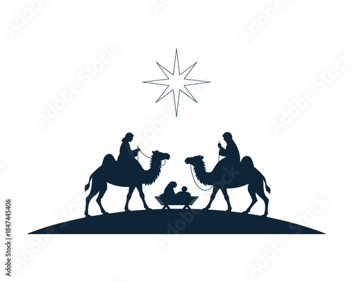 Silhouette of three wise men following the star of bethlehem to the manger