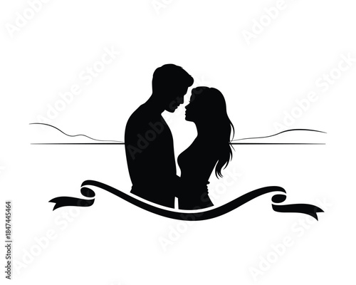 Silhouette of romantic couple embracing on a decorative scroll