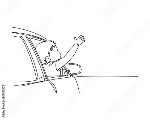Child waving from car window with hand out