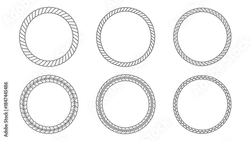 Set of six round rope frames with varied textures on a simple white background