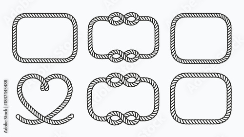Set of diverse black and white rope frames including heart shape and knot decorations