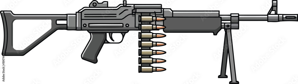 Obraz premium Cartoon machine gun with ammunition belt and bipod