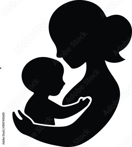 Mother Holding Baby Silhouette Illustration, Minimal black silhouette of a mother holding her baby, symbolizing love, care, bonding, and motherhood, ideal for family, parenting, and emotional concept
