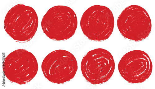 Set of eight hand-drawn doodle red circular brush strokes. Red grunge circles and dots shapes. Red crayon round brush painted circle banner. Collection for grunge badge, seal, ink and stamp design 
