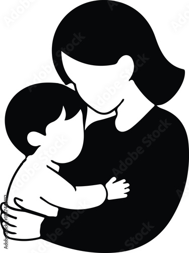 Mother Holding Baby Silhouette Icon, Minimal black silhouette of a mother holding her baby, symbolizing love, care, bonding, and maternal affection in a simple graphic style.

