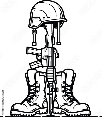 Military Helmet Rifle and Boots Memorial Symbol vector