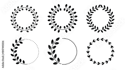 Six elegant black leaf wreaths and circular frames decorate a clean white background