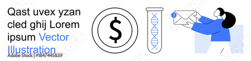 Digital economy, biotechnology, genetic science, email interaction, financial analytics, communication. Dollar symbol and DNA helix tube alongside an email exchange. Digital economy and biotechnology