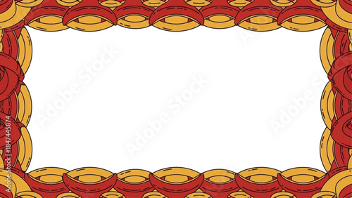 chinese new year illustration of a festive border design, featuring repeating red and golden abstract shapes, ideal for a celebratory frame on an empty dark background.