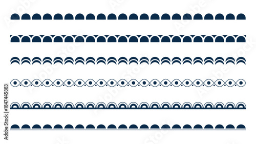 Six horizontal lines of repeating dark blue semicircular and wavy decorative border patterns on white