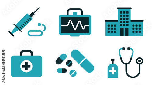 Six essential medical care icons featuring a syringe, monitor, hospital, first aid kit, pills, and a stethoscope
