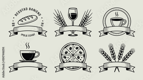 Six vintage restaurant and cafe icons feature coffee, wine, bread, and pizza with decorative ribbon banners