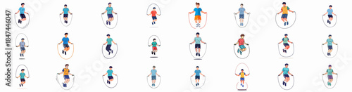 Vector illustrations set showing men and boys actively skipping rope, performing cardiovascular exercise for fitness and training isolated on white.