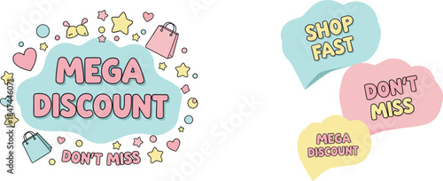Mega discount pastel banner, shop fast promo, don’t miss sale, cute shopping graphic, colorful retail sticker, heart star icon