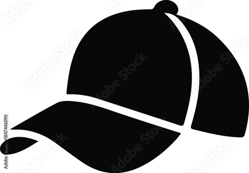 Baseball Cap Silhouette Icon Minimal Design, Black silhouette illustration of a baseball cap, representing casual fashion, sportswear, headwear style, and everyday lifestyle accessories.

