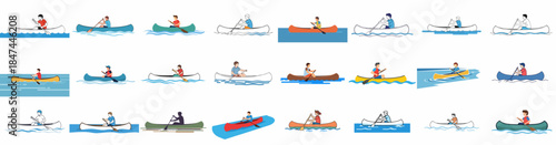 A diverse collection of vector illustrations showing men paddling canoes on water, featuring various graphic styles for outdoor sport and adventure activities.