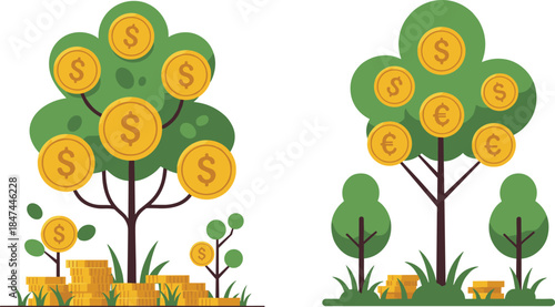 Money tree illustration, financial growth concept, investment symbol art, currency coin foliage, wealth prosperity design, economic success metaphor
