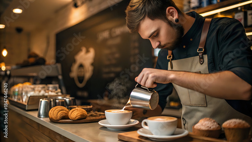 Barista making latte art in cozy café, shallow depth of field