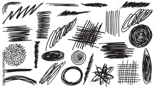 Black pen scribble and doodle collection. Marker pen lines, arrows and scribbles at grid background. Crayon drawn note doodles for hand drawn diagram, infographic and journaling. Dynamic sketch lines