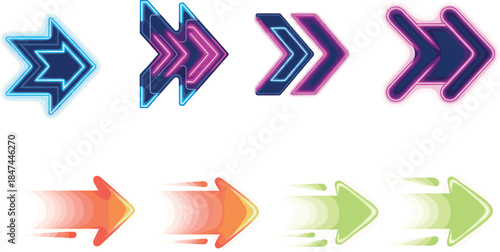 Neon arrow icons, motion blur arrows, futuristic design, glowing vector set, speed effect, UI direction, digital style, gradient arrows