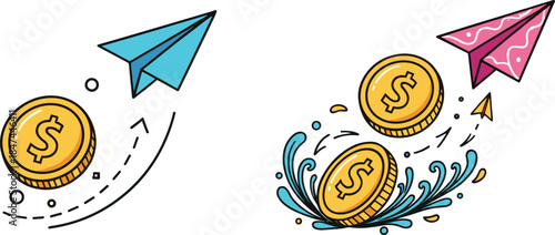 Paper airplane with flying coins, financial motion concept, investment splash, money transfer, economic movement, playful finance, currency travel, dynamic wealth