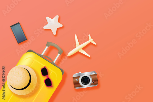 Travel flat lay with suitcase, airplane, starfish, and camera on vibrant background, representing summer vacation, tourism, adventure, and travel planning.