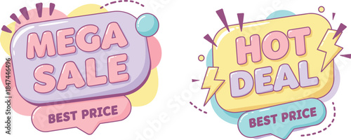 Pastel bubble sale banners, mega sale graphics, hot deal icons, best price labels, playful promotional design, colorful retail marketing elements
