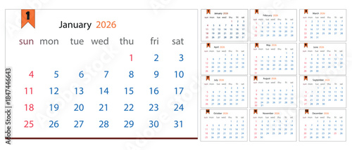 A clear and organized calendar showing the month of January 2026 with a full year view displayed on the side.