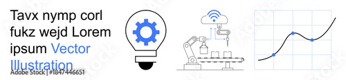 Automation, innovation, industry, data analytics, smart technology, production. Features robotic arm, gear in lightbulb graph. Automation and innovation in industrial contexts