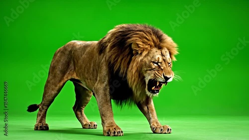 Majestic male lion on green screen background roaring and prowling with impressive mane and powerful stance
