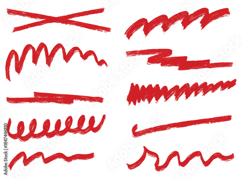 Set of hand drawn red marker paint. Underline material ornament straight line curve wavy line embellishment border boundary decorative border heading divider. Title simple stylish red scribble line
