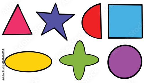 Colorful geometric learning shapes for kids geometry. Colors square, triangle, star educational. A clip art image featuring various color shapes including green oval, red rectangle, purple star