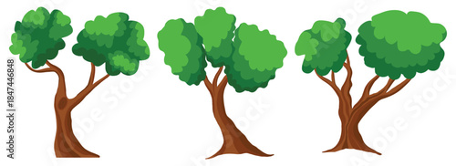 Cartoon trees set isolated on white. Cute green plants, forest background. Used for illustrate any nature or healthy lifestyle topic. Simple flat style vector illustration. Coniferous and deciduous
