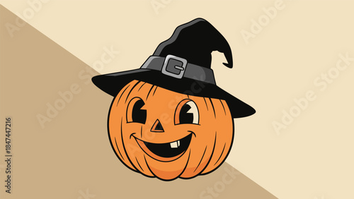 A cartoon pumpkin wearing a witch's hat, with a happy expression and a missing tooth.