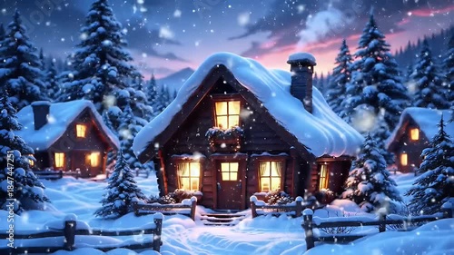 Cozy Snow-Covered Alpine Cabin Glowing Warmly Amid Snowy Forest Night Scene