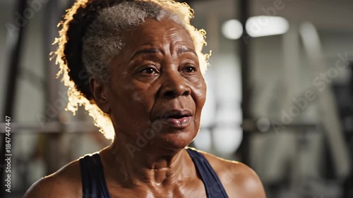Sweaty Senior Woman Wiping Forehead After Intense Workout in Gym.