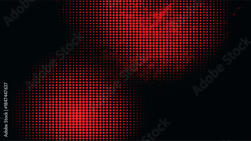 Abstract halftone background vector illustration featuring a dark mosaic pattern with red neon circles and black grid textures for a digital disco wallpaper design